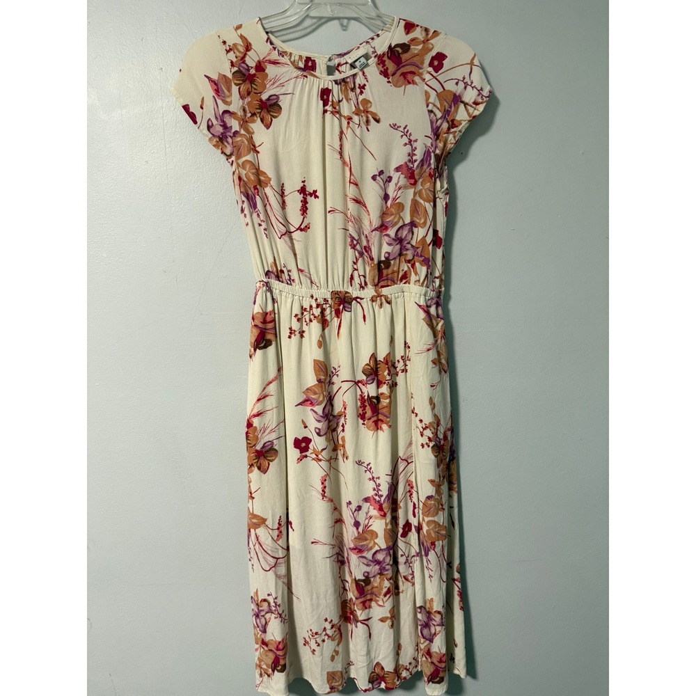 A New Day Womens Floral Midi Dress Cream Pink Orange Elastic Waist Rayon Size M‎